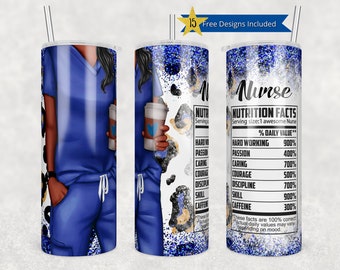 Blue Nurse 20 oz Skinny Tumbler Sublimation Nurse Wrap Diseño para vaso recto, archivo PNG, digital, información nutricional con estampado de brillo de leopardo