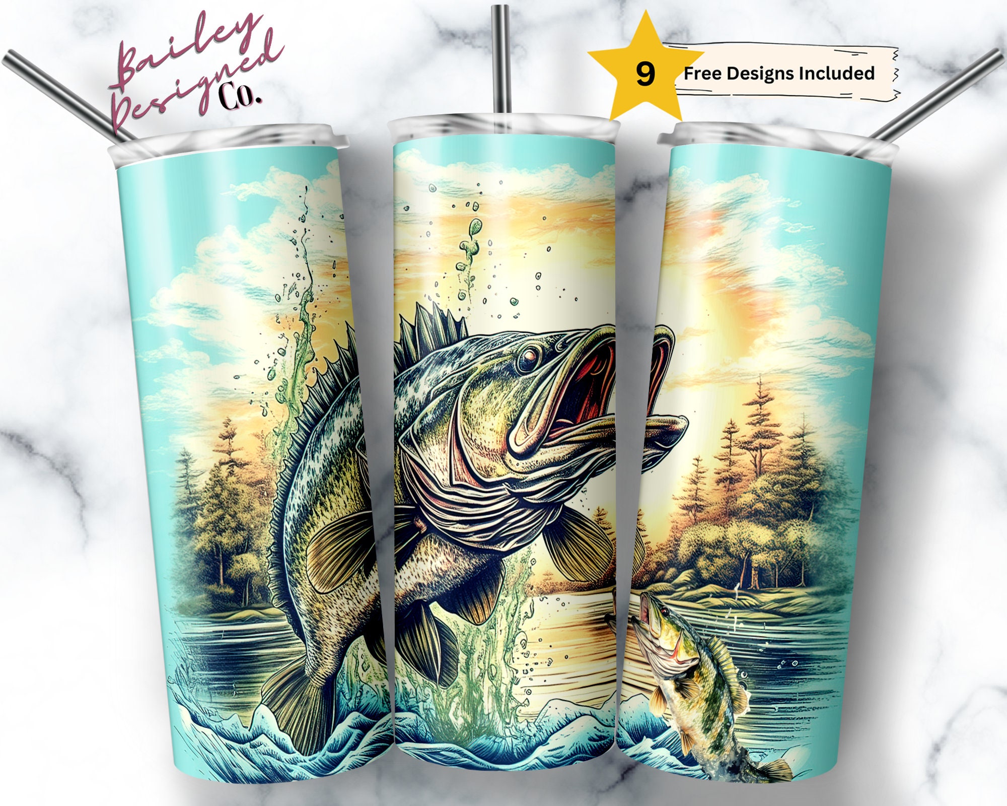 Bass Fish 20 Oz Skinny Tumbler Sublimation Design Digital Download