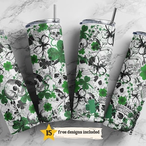 May include: Four stainless steel tumblers with a white background and a pattern of green shamrocks, black skulls, and black bones.  The text "15 free designs included" is at the bottom of the image.