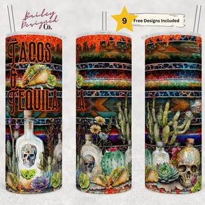 Tacos y Tequila 20 oz Skinny Tumbler Sublimation Design Descarga digital PNG Instant DIGITAL SOLAMENTE, Cinco de Mayo Tumbler, Sugar Skulls
