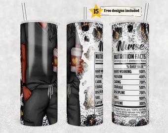 Black Nurse 20 oz Skinny Tumbler Sublimación Diseño de envoltura de enfermera para vaso recto, PNG, digital, información nutricional con estampado de brillo de leopardo