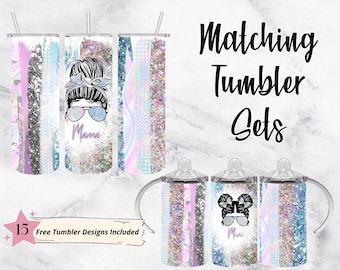 Holographic Glitter Brushstrokes MAMA MINI tumbler png wrap set| Sublimation Digital Download Kids Water Bottle 12oz skinny straight 20oz