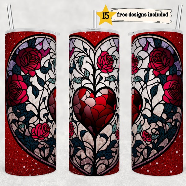 Stained Glass Red Roses and Heart 20 oz Skinny Tumbler Sublimation Design Digital Download PNG Instant DIGITAL ONLY, Valentine's Day Wrap