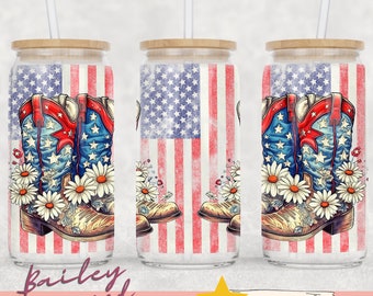 American Boots Daisy 16 Unzen Glas kann wickeln - Digital Download Sublimation Design - 16 Unzen Vorlage, 4. Juli Patriotische Glas Becher wrap PNG