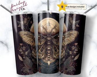 Witchy Moth Gothic 20 oz Skinny Tumbler Sublimation Design Digital Download PNG Instant DIGITAL ONLY, Spooky Celestial Tumbler