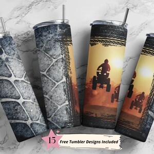 May include: Four stainless steel tumblers with different designs. Three tumblers feature a silhouette of a person riding an ATV against a sunset background. The fourth tumbler has a tire tread pattern.