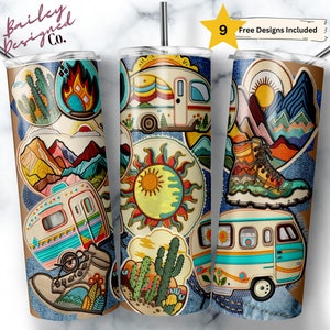 May include: A set of three 20 oz stainless steel tumblers with a colorful, retro-inspired design featuring camper vans, mountains, cacti, and a sun. The tumblers are perfect for camping, hiking, or everyday use.  Free Designs Included.