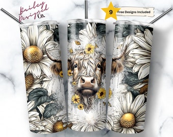 Highland Cow 20 oz Skinny Tumbler Sublimation Design Digital Download PNG Instant DIGITAL ONLY,  Western Daisy Tumbler