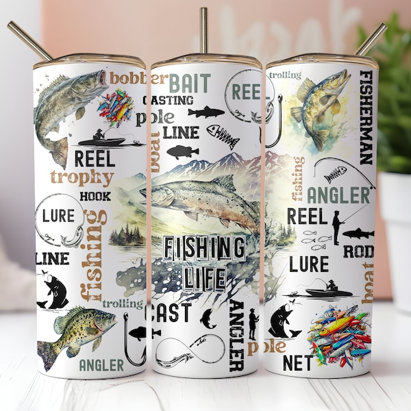 Fishing Life 20 oz Skinny Tumbler, Fisherman Angler Fish Tumbler Wrap Sublimation Design Digital Download PNG Instant DIGITAL ONLY