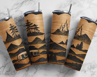 Rustic Retro Camper 20 oz Skinny Tumbler Sublimation wrap, straight template Camping Tumbler digital download PNG Woodgrain tumbler design