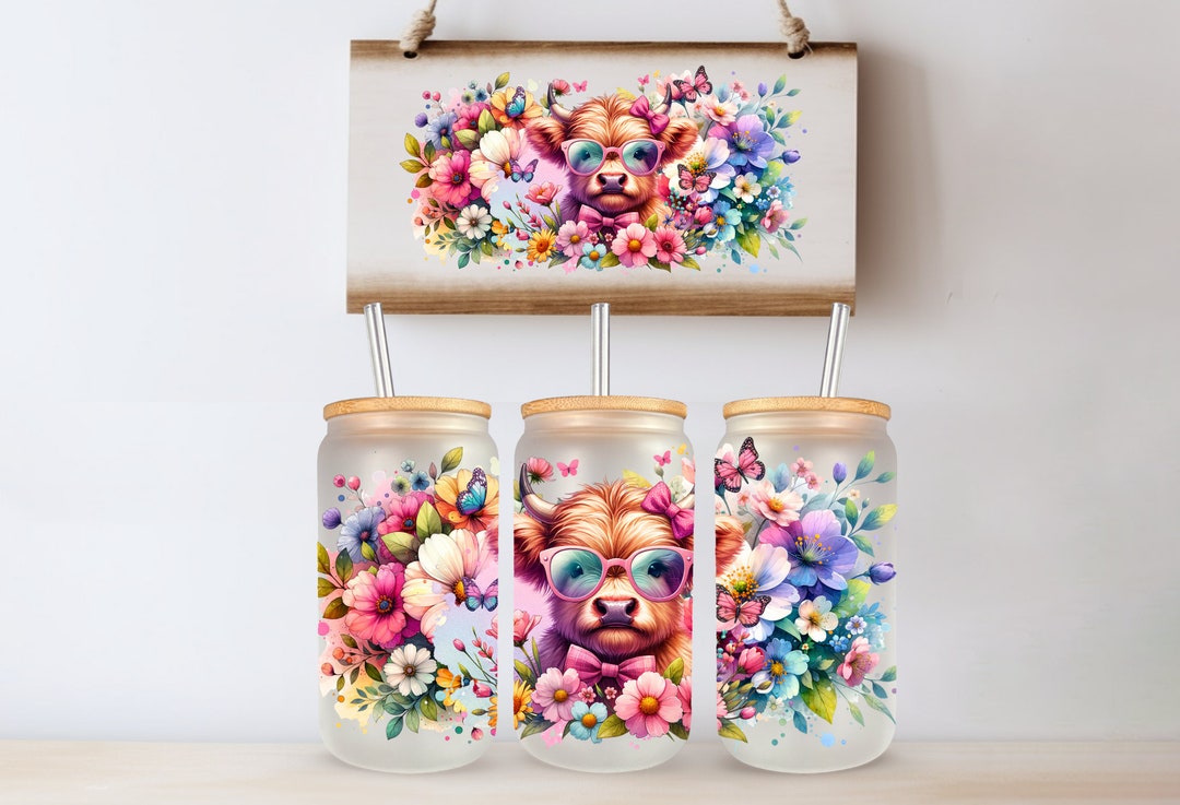 Spring Floral Flowers UVDTF 16 Oz Glass Can Tumbler Sublimation Design ...