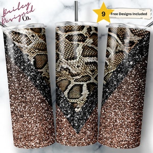 May include: Three stainless steel insulated tumblers with lids and straws. The tumblers feature a snakeskin pattern, black and brown glitter, and the text "Bailey Designed Co." A gold star graphic indicates "9 Free Designs Included."