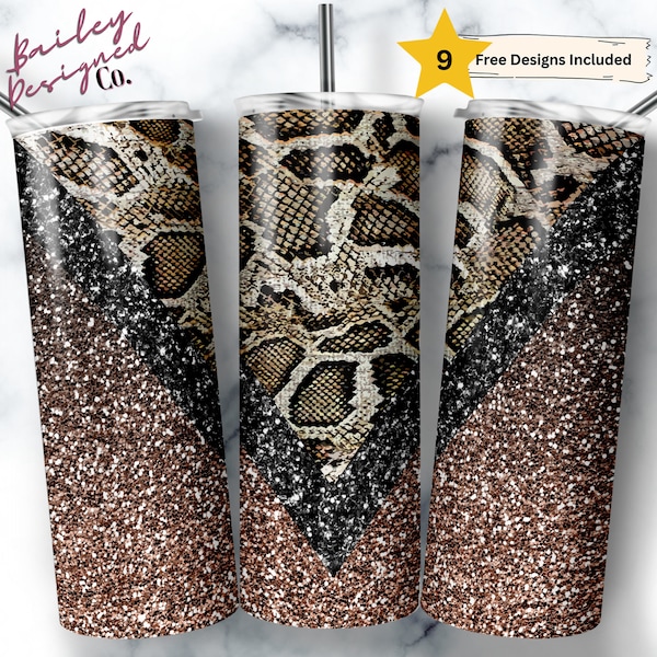 Python Snakeskin 20oz Sublimation Tumbler Designs, Gold Glitter V Split 9.2 x 8.3” Straight Skinny Tumbler Wrap PNG