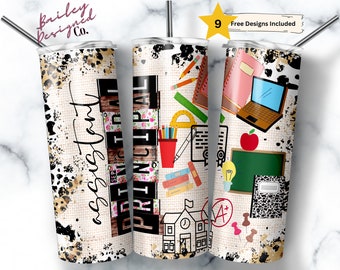 May include: Three stainless steel tumblers with a white background and a variety of school-themed designs. The designs include a schoolhouse, books, pencils, a ruler, an apple, a chalkboard, a laptop, and the words "Assistant Principal".