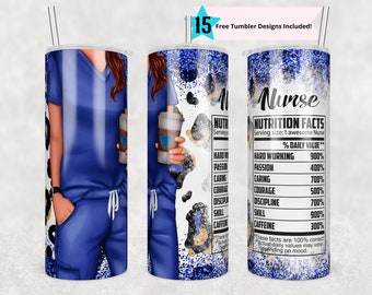 Blue Nurse 20 oz Skinny Tumbler Sublimation Nurse Wrap Diseño para vaso recto, archivo PNG, digital, información nutricional con estampado de brillo de leopardo