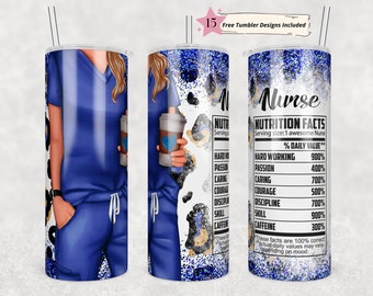 Blue Nurse 20 oz Skinny Tumbler Sublimation Nurse Wrap Diseño para vaso recto, archivo PNG, digital, información nutricional con estampado de brillo de leopardo