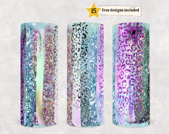 Modello di disegno di sublimazione glitter stampa leopardo olografico arcobaleno vuoto tumbler magro da 20 once, download digitale PNG dritto Brushstokes