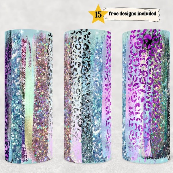 20oz Skinny Tumbler Blank Rainbow Holographic Leopard Print Glitter Sublimation Design Template, Straight PNG Digital Download Brushstokes