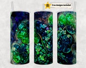 St Patricks Day Alcohol Ink Shamrocks 20 oz Skinny Tumbler Sublimation Design Digital Download PNG Instant DIGITAL ONLY, Glitter Print Wrap