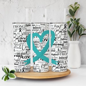 20 oz Skinny Tumbler Sublimation Awareness Word Art Ribbon Ovarian Cancer Teal Straight Design Digital Download PNG tumblers