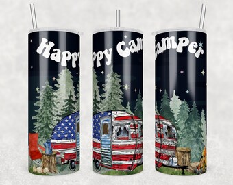 20oz Skinny Tumbler Happy Camper American Flag Trailer PNG Sublimation Design, Print Straight PNG File Digital Download Camping Design