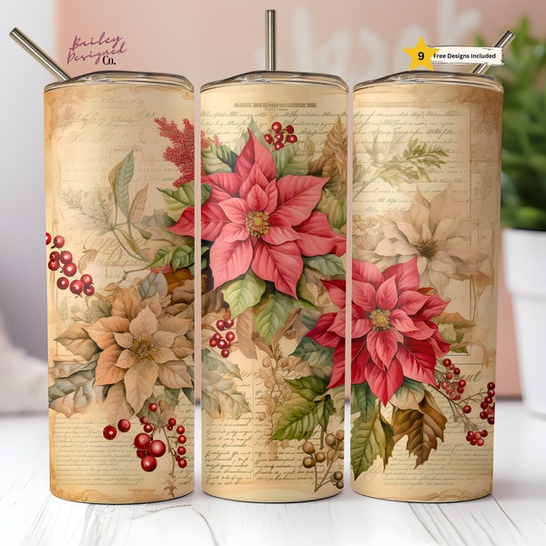 Christmas 20 oz Skinny Tumbler Sublimation Design Digital Download PNG Instant DIGITAL ONLY, Floral Poinsettia Christmas Tumbler