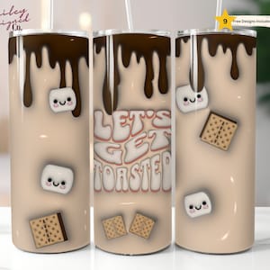K&ouml;nnte beinhalten: Drei Edelstahlbecher mit braunem und beigefarbenem Design. Die Becher zeigen eine Grafik einer Marshmallow, eines Graham-Crackers und Schokolade mit dem Text "Let's Get Toasted".