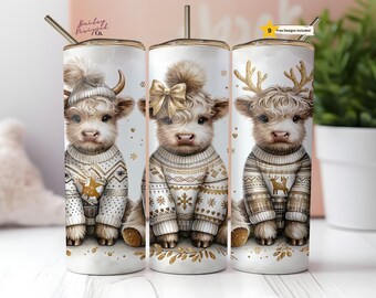 Funny Christmas Highland Cow 20 oz Skinny Tumbler Sublimation Design Digital Download PNG Instant DIGITAL ONLY,  Scandinavian Tumbler Wrap