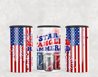May include: Three insulated beverage holders with a red, white, and blue American flag design. The center holder features the text "Star Spangled Summer" with a red, white, and blue color scheme and a firework design. The holders are ideal for keeping drinks cold or hot.
