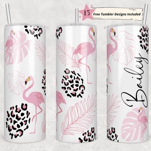 Flamingos 20 oz Skinny Tumbler Sublimation Pastel Flamingo and Leopard Print Tumbler Wrap Design For Straight Tumbler, PNG File, Digital