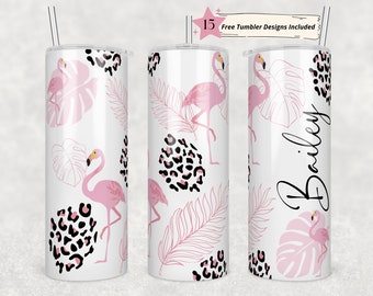 Flamingos 20 oz Skinny Tumbler Sublimation Pastel Flamingo and Leopard Print Tumbler Wrap Design For Straight Tumbler, PNG File, Digital