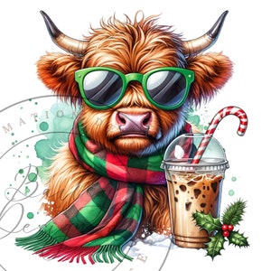 Cute Christmas Highland Cow Clipart Shirt Sublimation Design Digital Download PNG Instant DIGITAL UVDTF, Glass Jar png Design, Tshirt Design