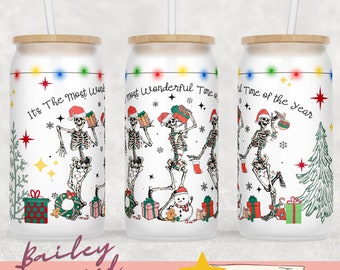 Funny Christmas Glass Can Wrap - Digital Sublimation Design - Christmas Skeletons Dancing - 16oz Template, Sassy Sarcastic Funny Design