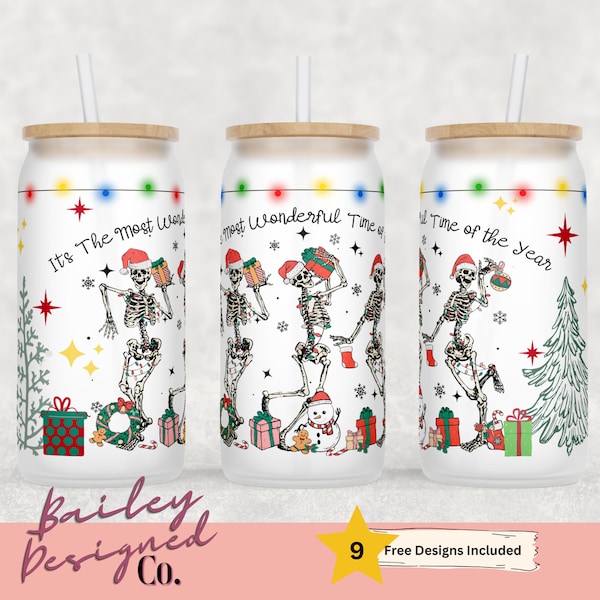 Funny Christmas Glass Can Wrap - Digital Sublimation Design - Christmas Skeletons Dancing - 16oz Template, Sassy Sarcastic Funny Design