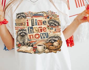 I Live Here Now PNG Sublimation Design Instant Digital Download, Trendy png Design, Funny Raccoon Baseball Tshirt Design