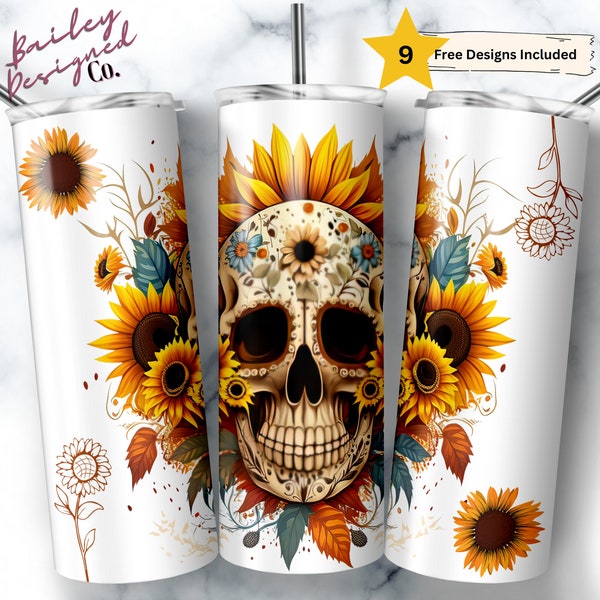 Calavera Sunflower 20 oz Skinny Tumbler Sublimation Design Digital Download PNG Instant DIGITAL ONLY, Sugar Skull Tumbler