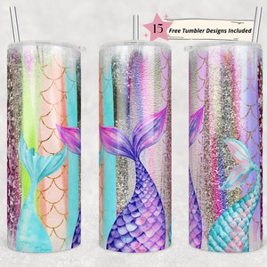 20oz Skinny Tumbler Kids Mermaid Designs Template Straight PNG File Download Mermaid Tails Under Sea Scales tumbler design
