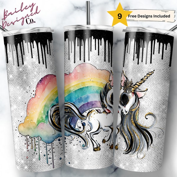 Pastel Goth Unicorn 20 oz Skinny Tumbler Sublimation Design Digital Download PNG Instant DIGITAL ONLY, Skeleton Tumbler