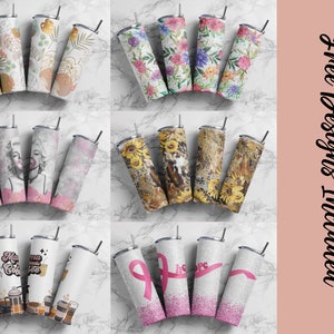 May include: Set of 10 sublimation tumbler designs featuring various patterns and designs, including floral, abstract, and inspirational quotes. The designs are perfect for creating personalised tumblers for gifts or for personal use.