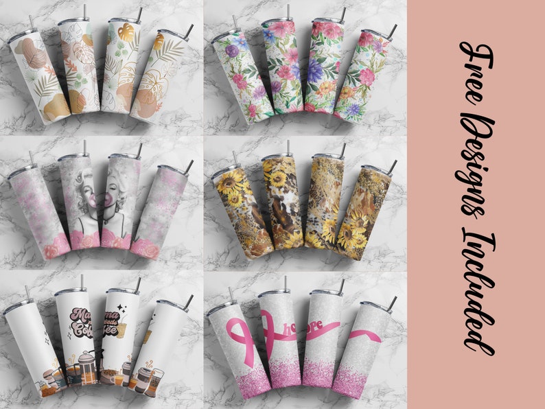 May include: Set of 10 sublimation tumbler designs featuring various patterns and designs, including floral, abstract, and inspirational quotes. The designs are perfect for creating personalised tumblers for gifts or for personal use.