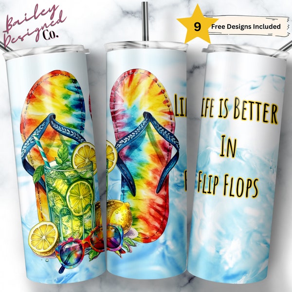 Life is Better in Flip Flops 20 oz Skinny Tumbler Sublimation Design Digital Download PNG Instant DIGITAL ONLY, Summertime Beach Tumbler