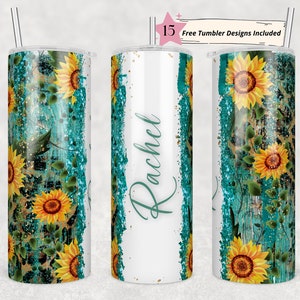 May include: A white tumbler with a teal and gold glitter design featuring sunflowers and the name "Rachel".