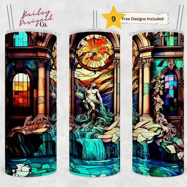 Stained Glass Trevi Fountain 20 oz Skinny Tumbler Sublimation Design Digital Download PNG Instant DIGITAL ONLY, Rome, Italy Wrap