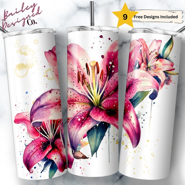 Stargazer Lily 20 oz Skinny Tumbler Sublimation Design Digital Download PNG Instant DIGITAL ONLY, Spring Flower Lilies Tumbler