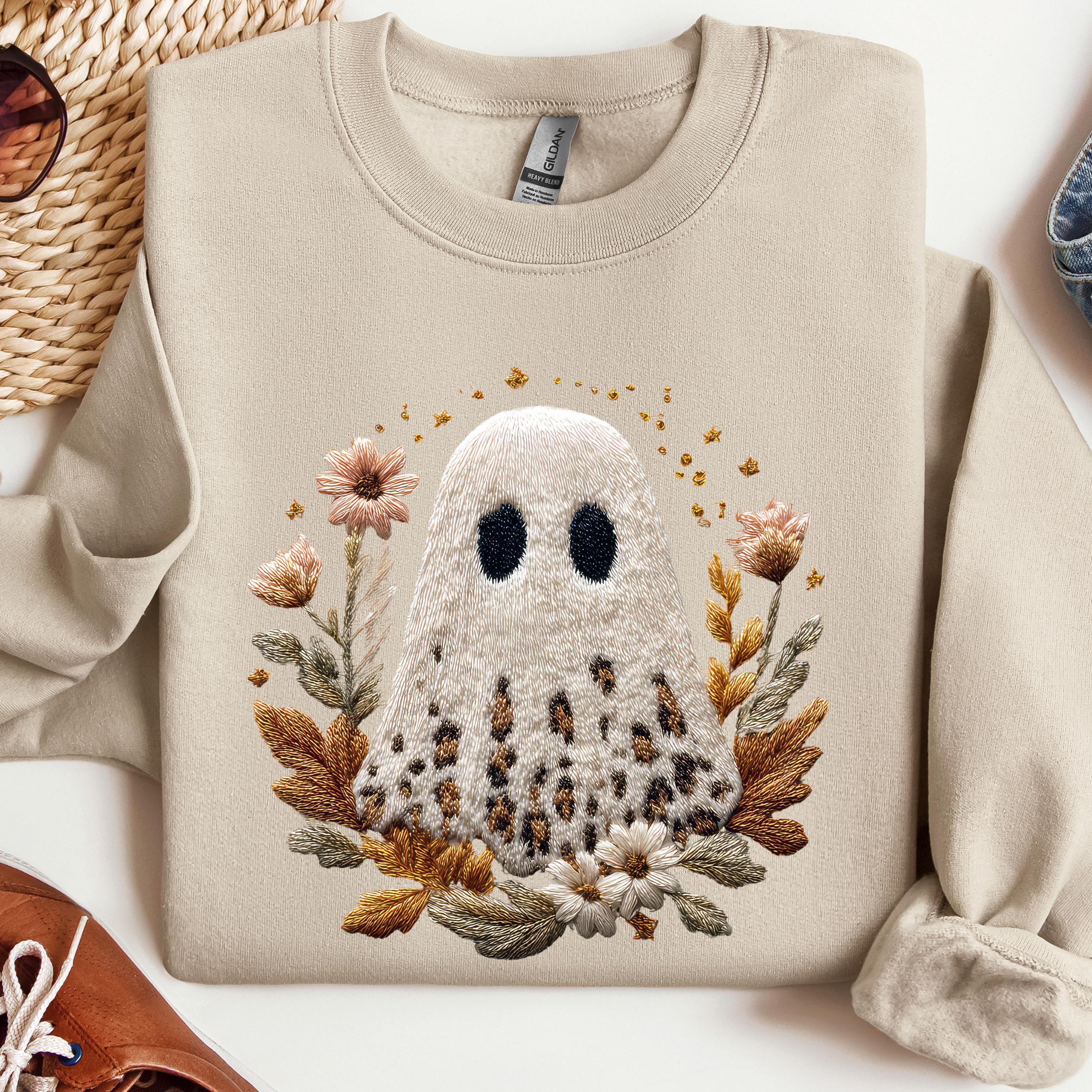 Leopard Print Boho Ghost Sweatshirt, Faux Yarn Floral Ghost Shirt