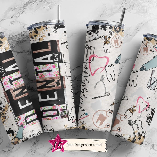 Dental Assistant 20 oz Skinny Tumbler Sublimation Leopard Boho Wrap Design For Straight Tumbler, PNG File, Digital, Rustic Collage Design