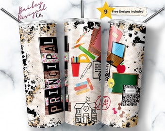 May include: Three stainless steel tumblers with different designs related to school. The first tumbler has a leopard print background with the word "PRINCIPAL" in black letters. The second tumbler has a schoolhouse, books, pencils, and other school supplies. The third tumbler has a chalkboard, an apple, a lightbulb, and a notebook.