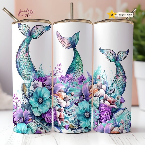 Mermaid Tails 20 oz Skinny Tumbler Sublimation Design Digital Download PNG Instant DIGITAL ONLY, Neon Floral Summer Ocean Beach Tumbler