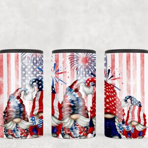 May include: Three insulated tumblers with a patriotic theme. Each tumbler features a red, white, and blue American flag design with gnomes wearing red, white, and blue hats and clothing. The gnomes have white beards and are holding red, white, and blue items.