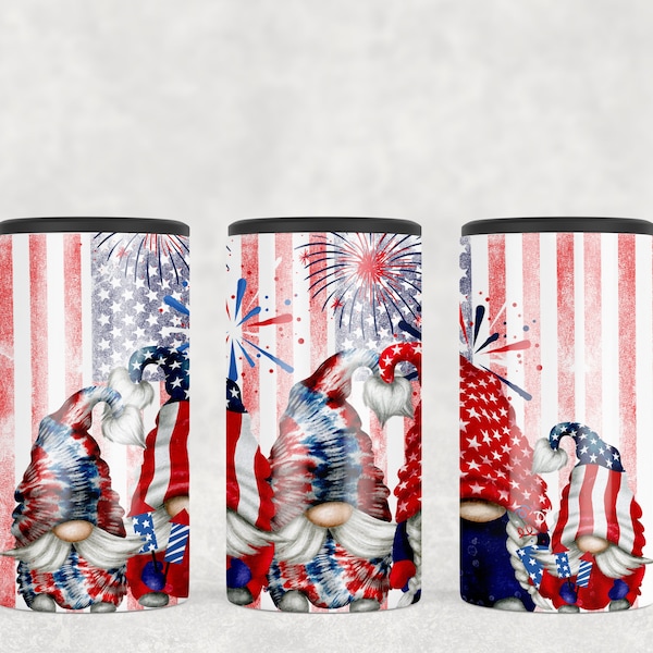 4in1 Can Cooler Sublimation Wrap, Fireworks and Gnomes, Sublimation Can Holder PNG - 4th of July America Patriotic Party Design